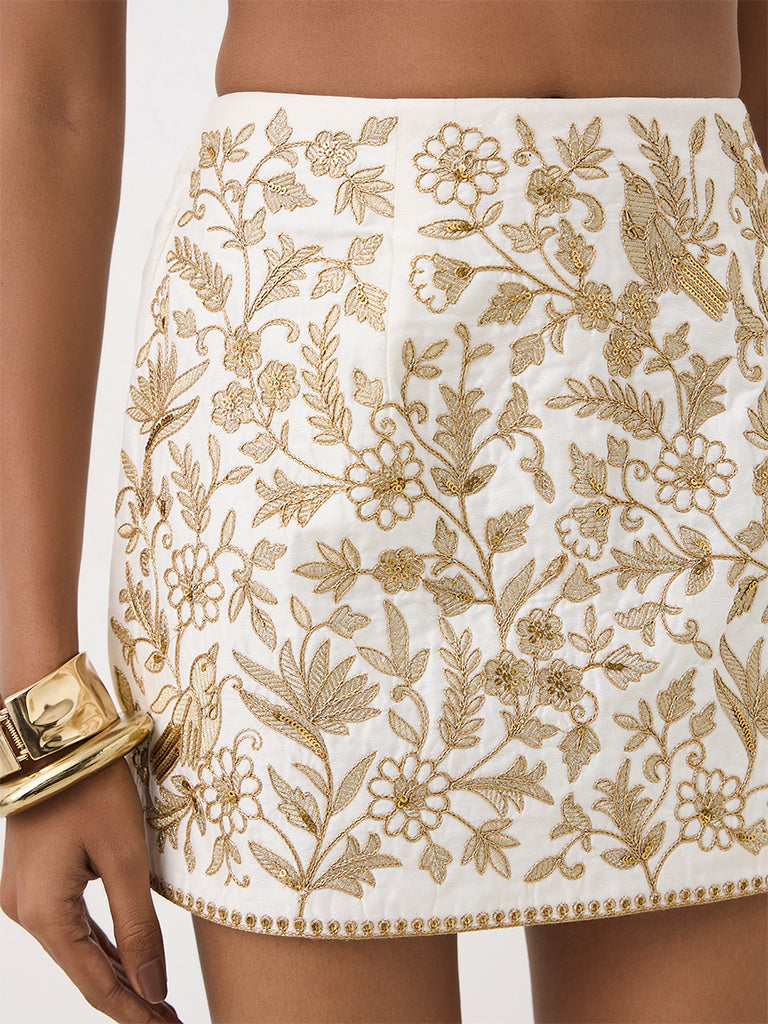 Vark Off-White Floral Embroidered Skort