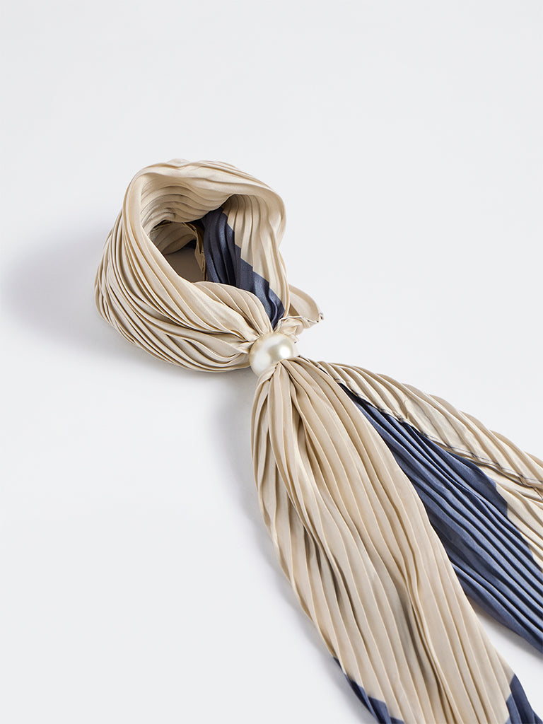 Westside Accessories Navy and Light Beige Pleated Neck Scarf