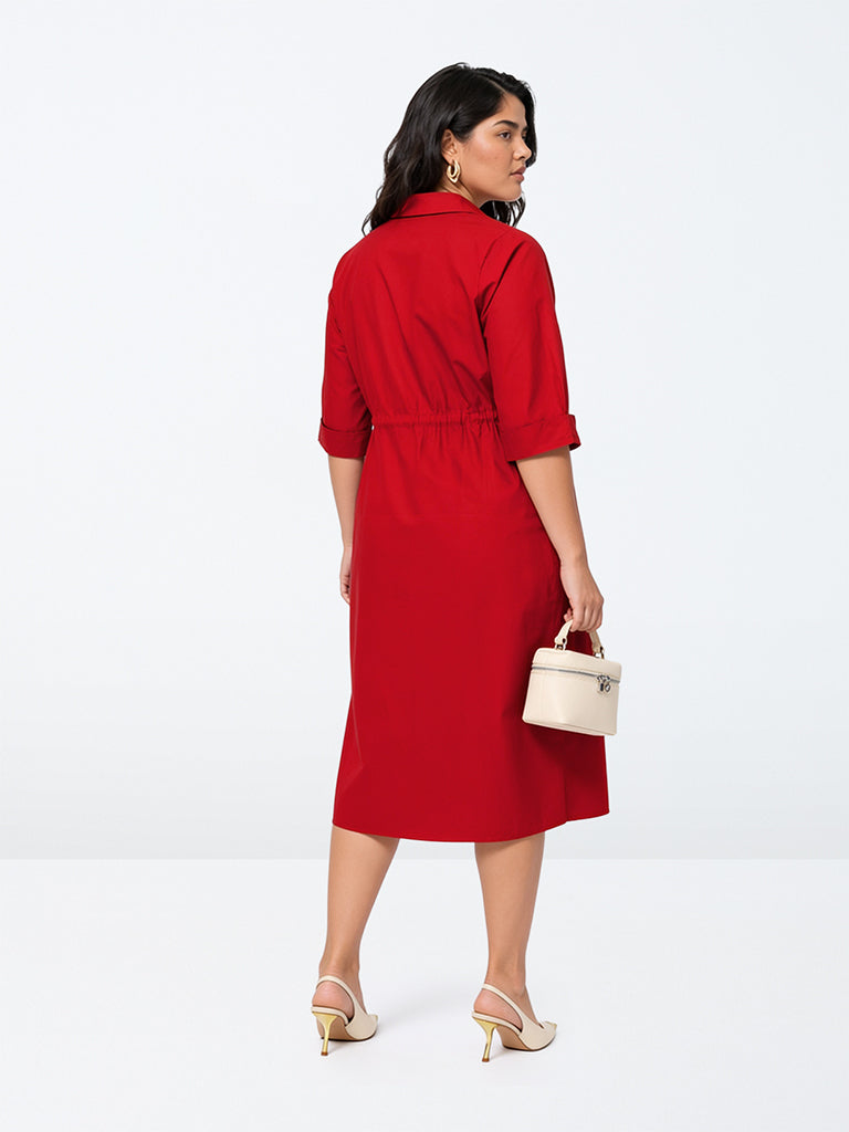 Gia Red Solid Cotton Shirt Dress