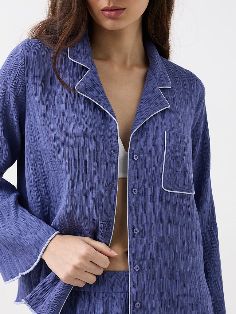 Wunderlove Dusty Blue Textured Shirt and Pyjama Set