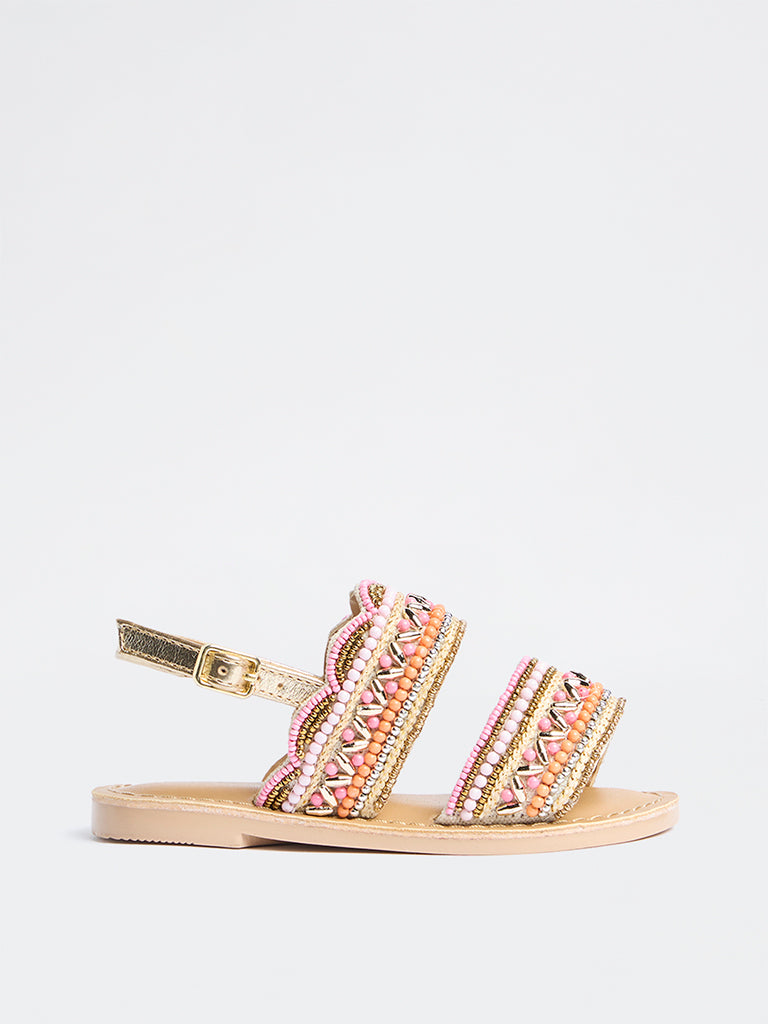 Yellow Pink Beadwork Embellished Sandals