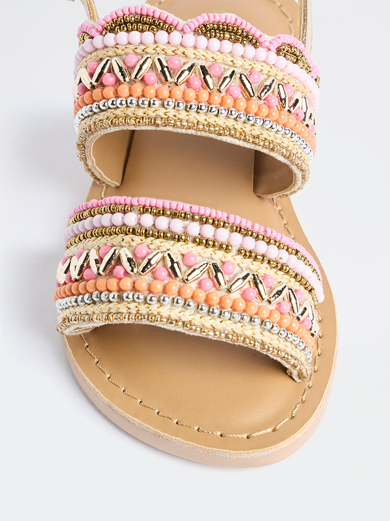 Yellow Pink Beadwork Embellished Sandals