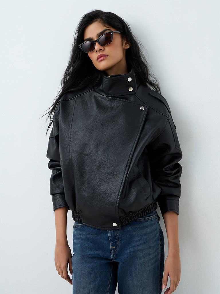 Nuon Black Textured Faux Leather Biker Jacket