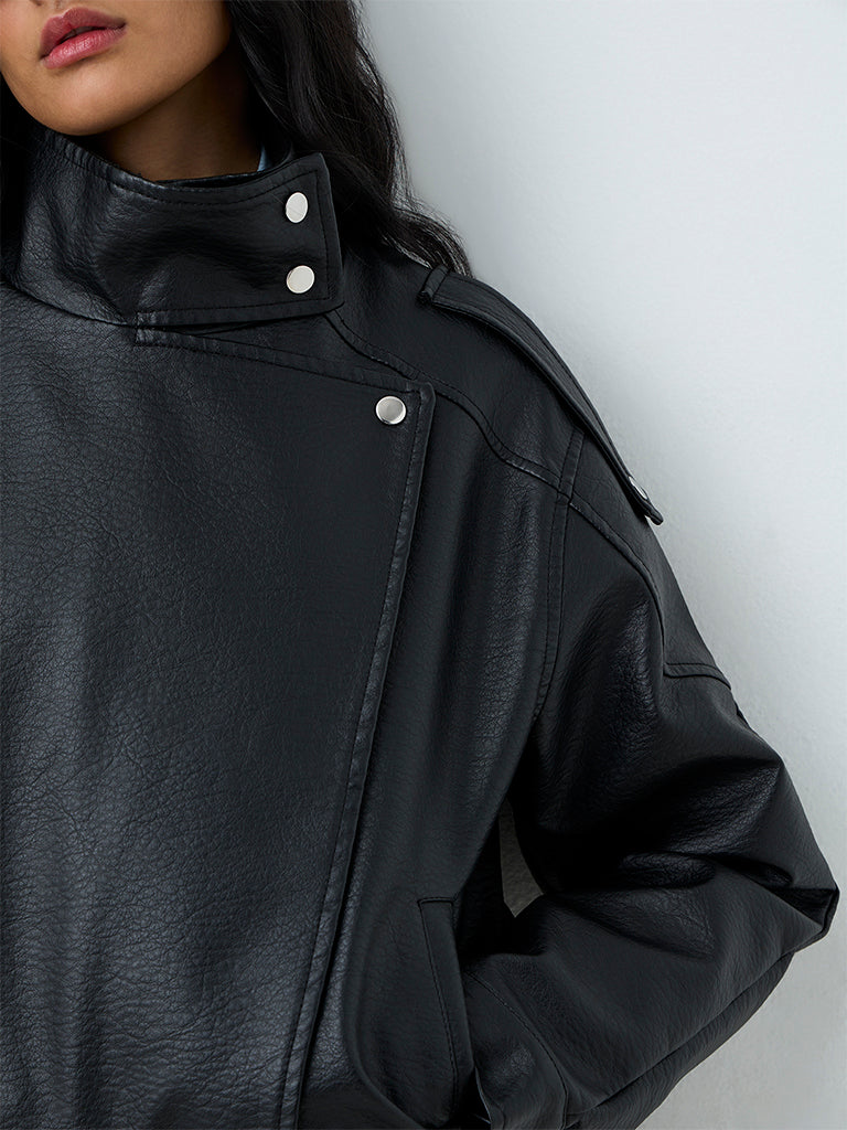 Nuon Black Textured Faux Leather Biker Jacket