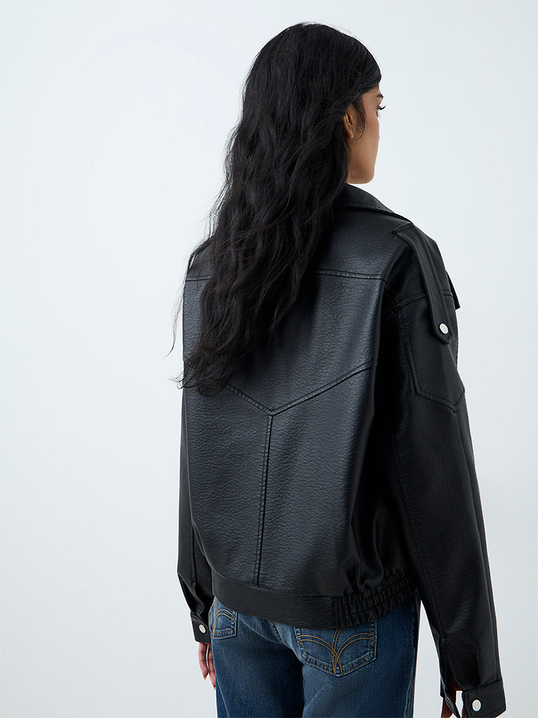 Nuon Black Textured Faux Leather Biker Jacket