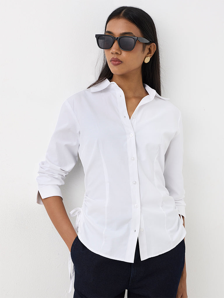 Wardrobe White Solid Ruched Cotton-Blend Shirt