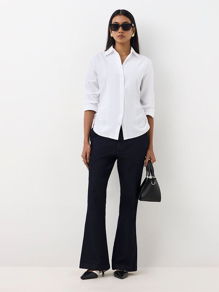 Wardrobe White Solid Ruched Cotton-Blend Shirt