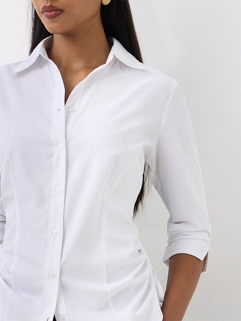Wardrobe White Solid Ruched Cotton-Blend Shirt