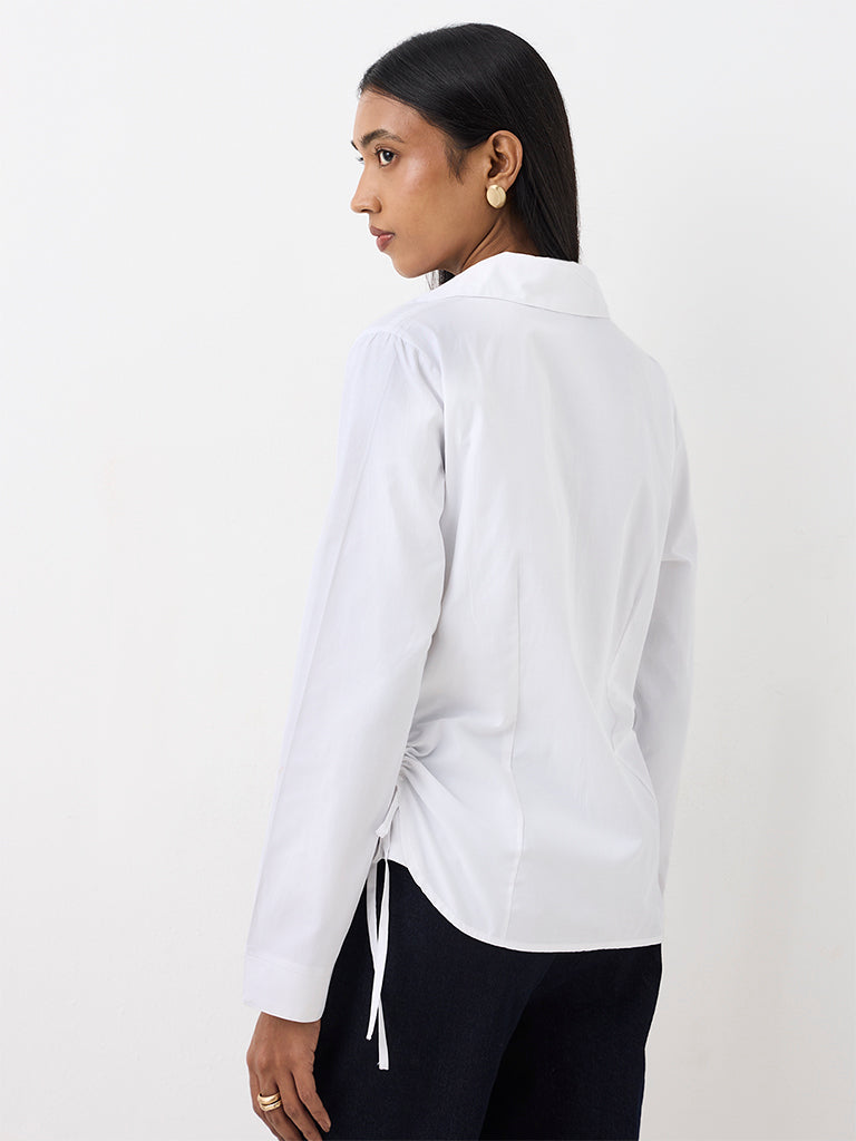 Wardrobe White Solid Ruched Cotton-Blend Shirt