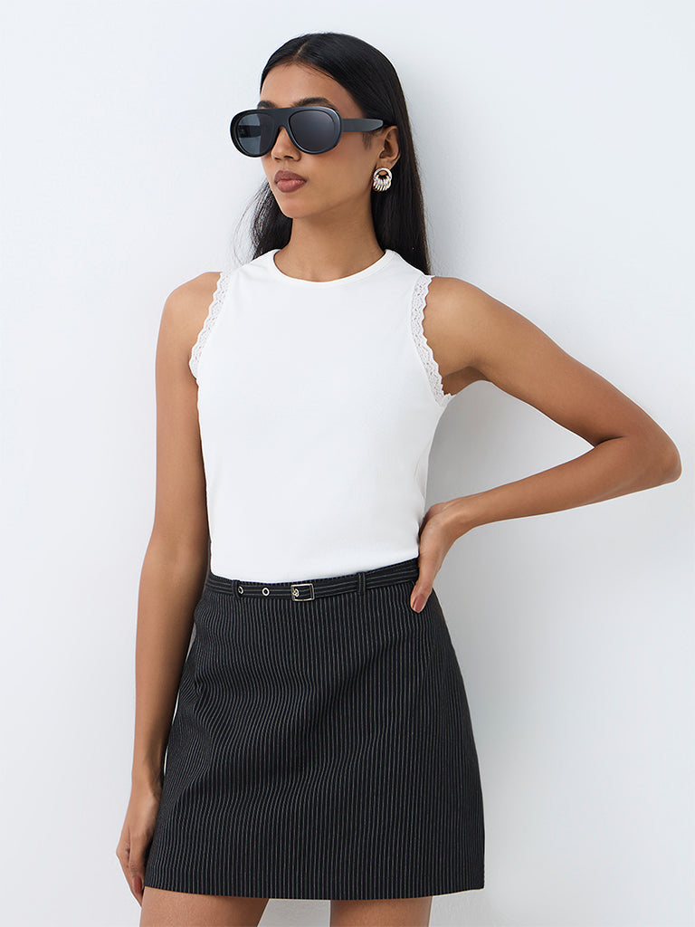 Wardrobe White Lace-Detail Ribbed Cotton-Blend Top