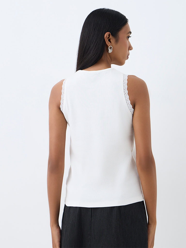 Wardrobe White Lace-Detail Ribbed Cotton-Blend Top