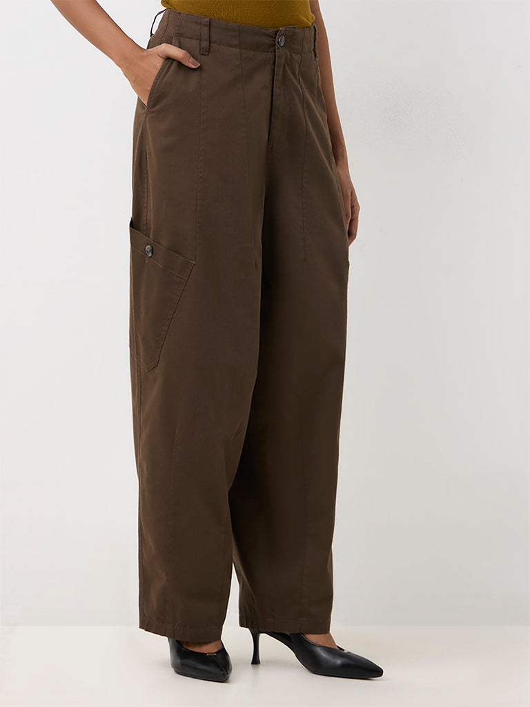 Wardrobe Brown Barrel-Fit Cargo-Style High-Rise Cotton Trousers