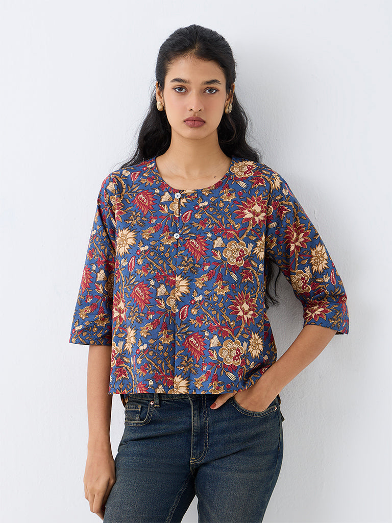 Utsa Blue Floral Printed Cotton Top