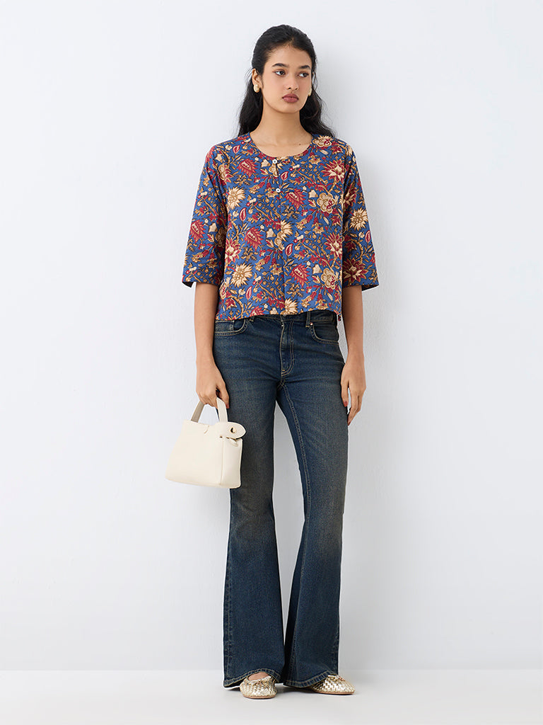 Utsa Blue Floral Printed Cotton Top