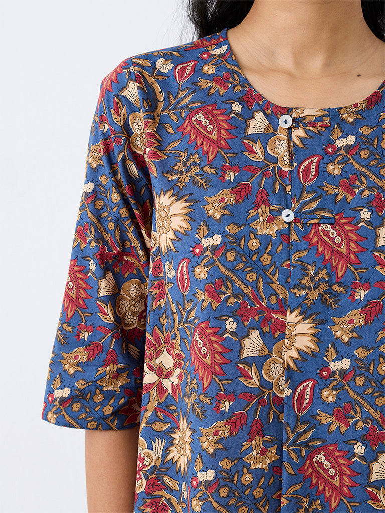 Utsa Blue Floral Printed Cotton Top