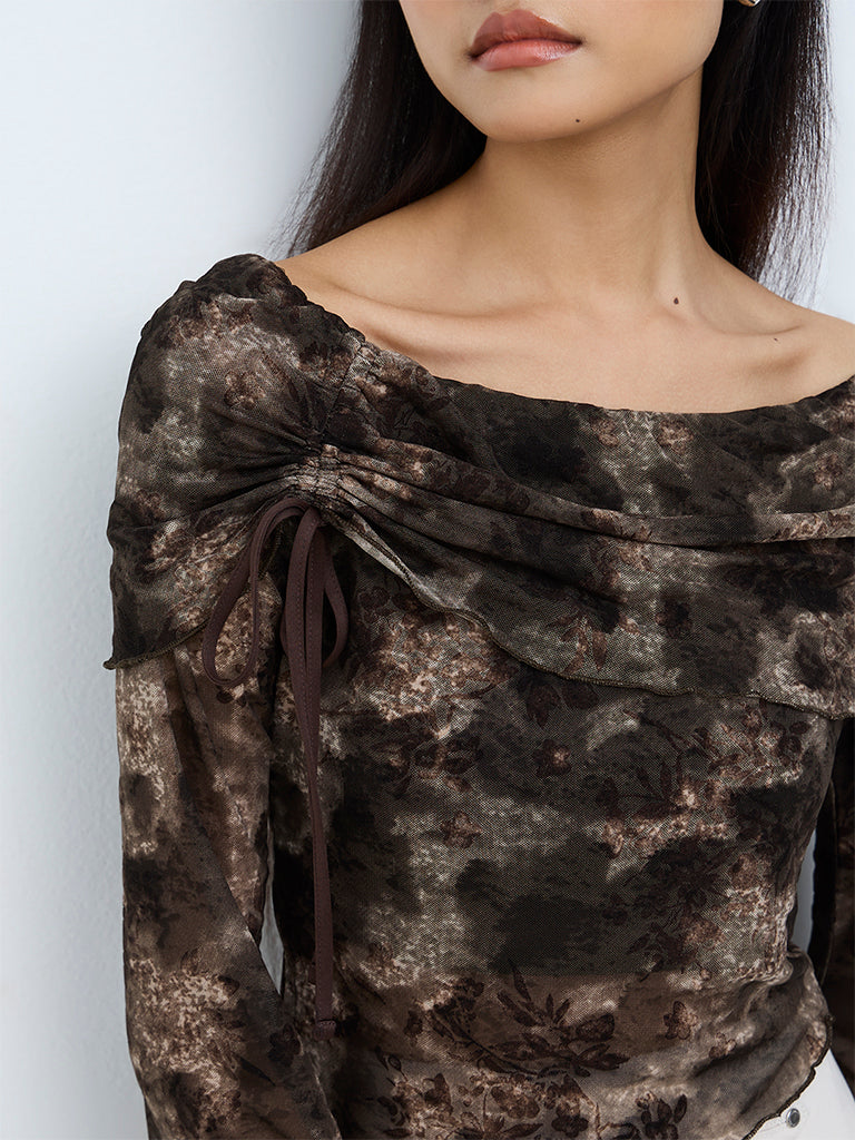 Nuon Dark Olive Floral Pattern Mesh Top