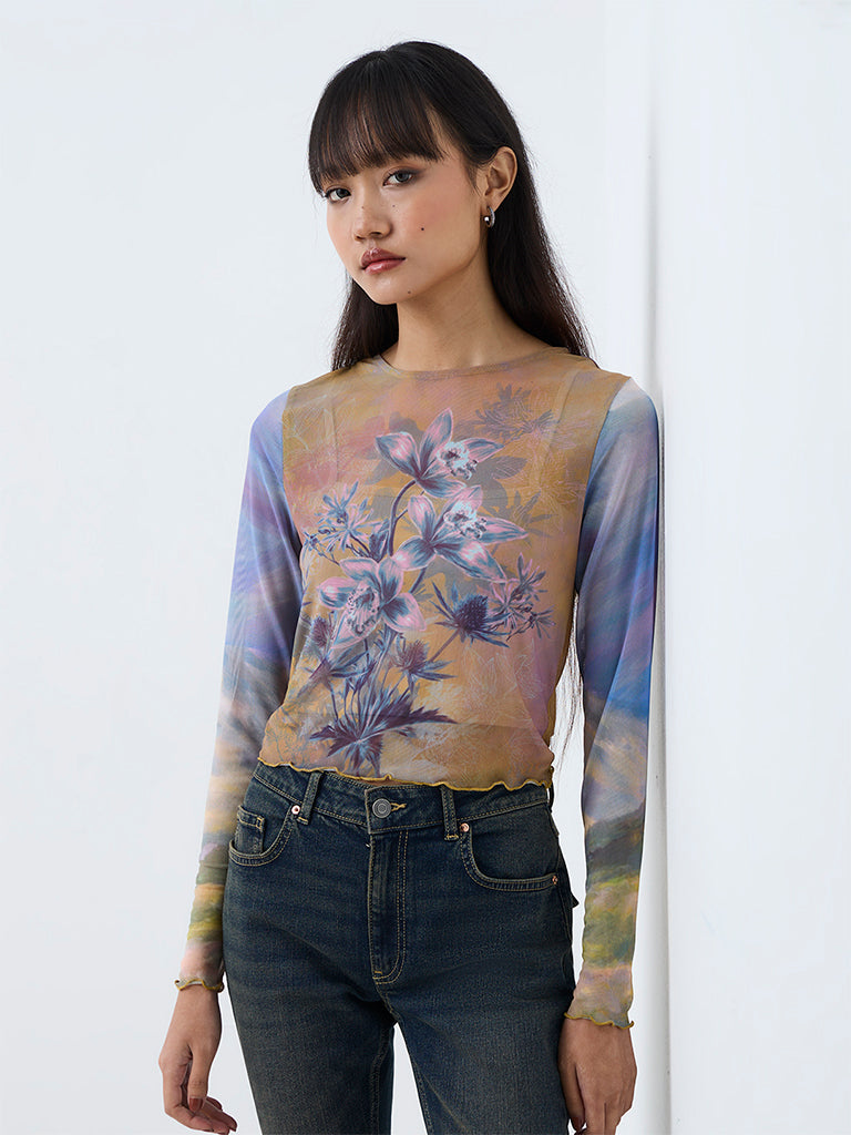 Nuon Multicolour Floral Printed Mesh Top with Camisole