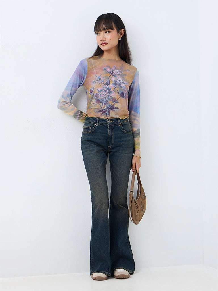 Nuon Multicolour Floral Printed Mesh Top with Camisole
