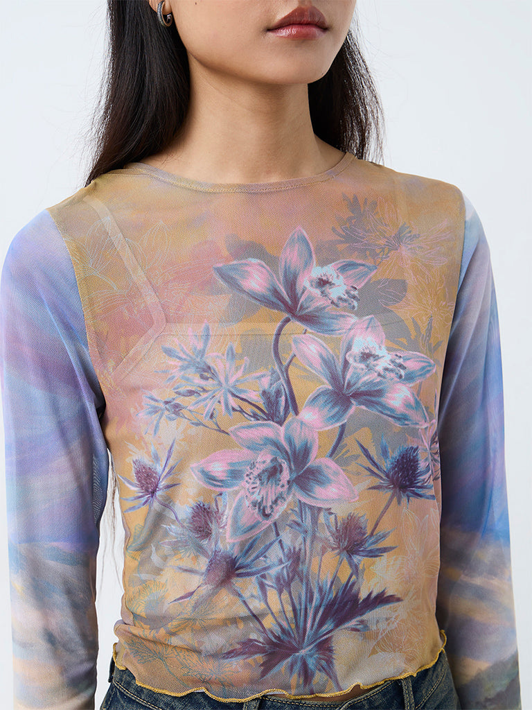 Nuon Multicolour Floral Printed Mesh Top with Camisole