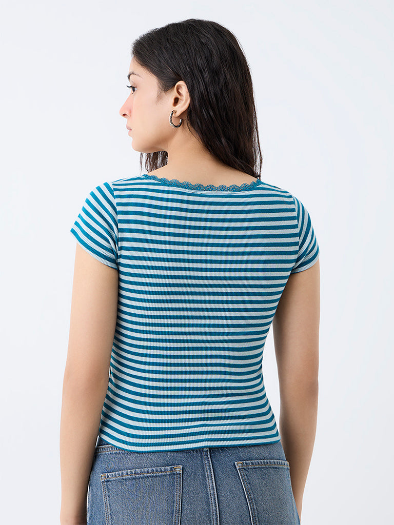 Nuon Teal Striped Lace-Detailed Cotton-Blend Top
