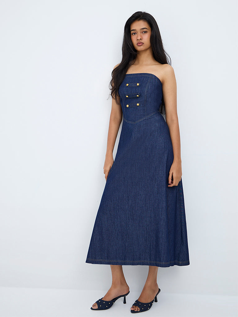LOV Dark Blue Button-Detail Denim Tube Dress