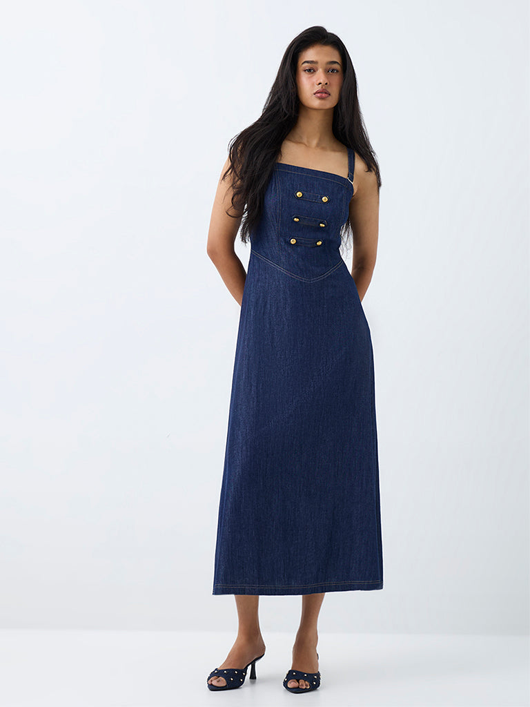 LOV Dark Blue Button-Detail Denim Tube Dress