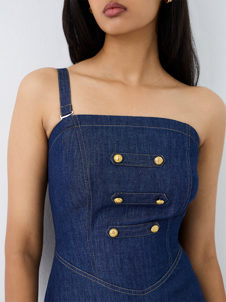 LOV Dark Blue Button-Detail Denim Tube Dress