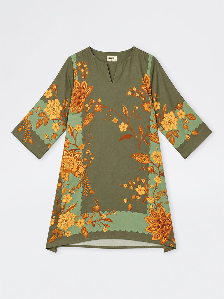 Diza Dark Olive Floral Printed Cotton A-Line Kurta