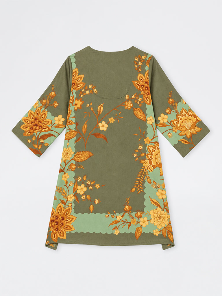 Diza Dark Olive Floral Printed Cotton A-Line Kurta