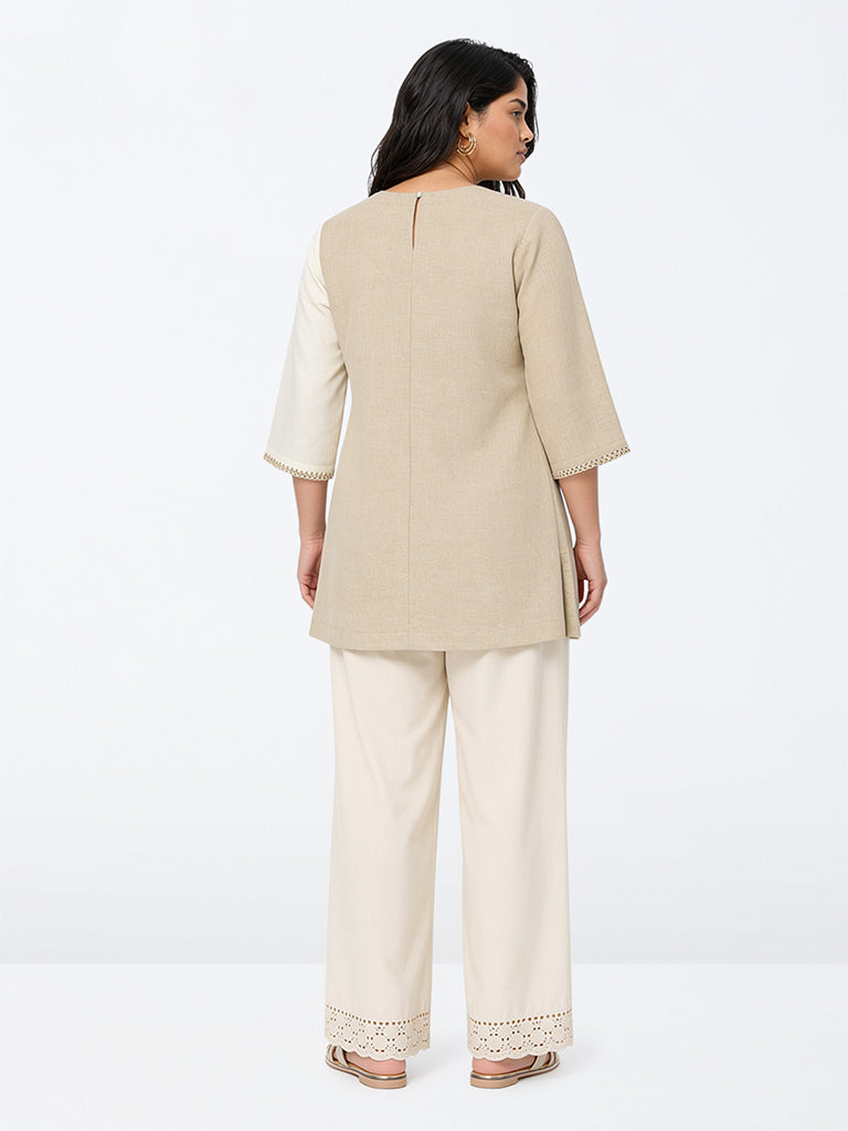 Diza Beige Colour-Blocked Linen Tunic
