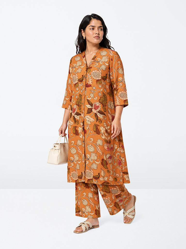 Diza Orange Floral Printed A-Line Kurta