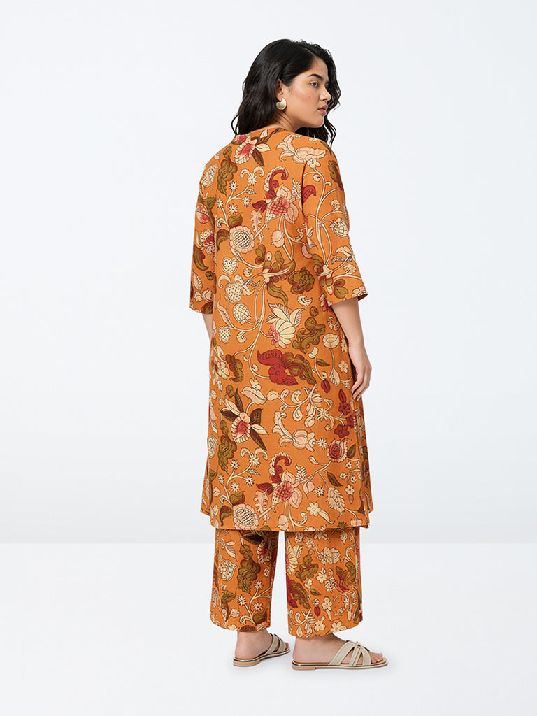 Diza Orange Floral Printed A-Line Kurta
