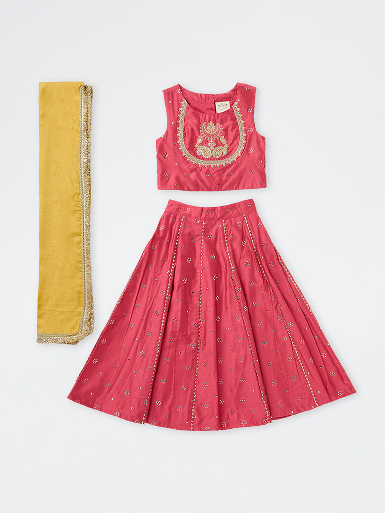 Utsa Kids Pink Floral Embroidered Top with Skirt and Dupatta Set -(2-8 yrs)