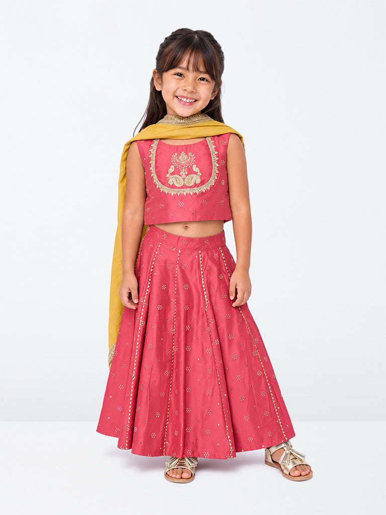 Utsa Kids Pink Floral Embroidered Top with Skirt and Dupatta Set -(2-8 yrs)