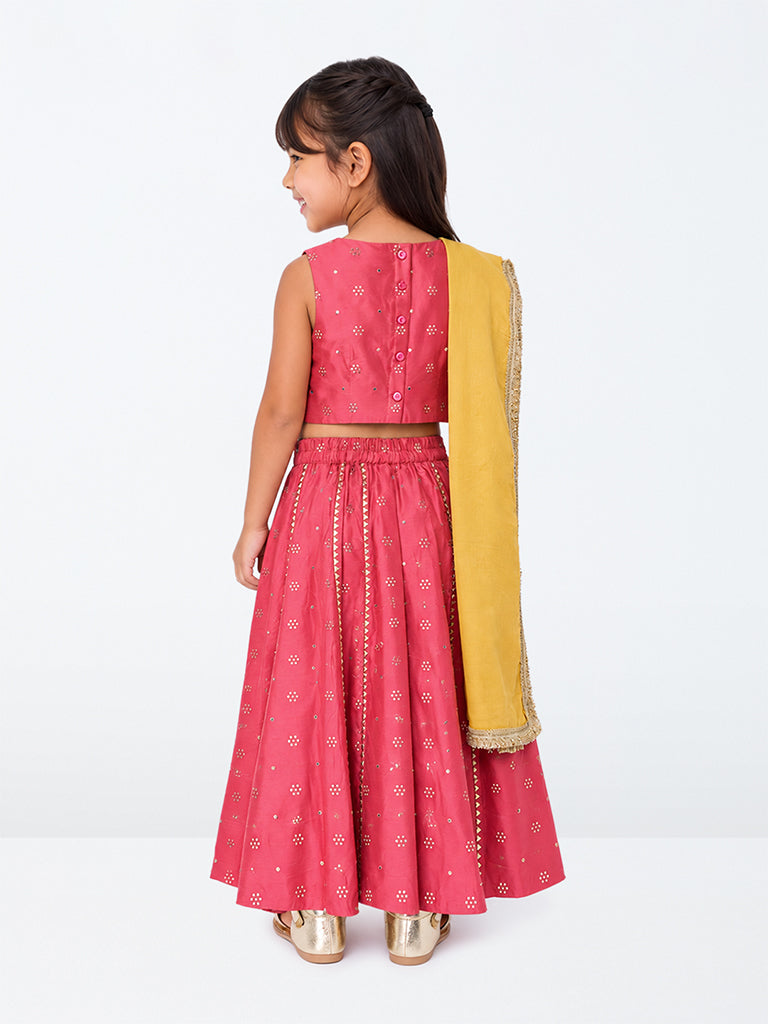 Utsa Kids Pink Floral Embroidered Top with Skirt and Dupatta Set -(2-8 yrs)