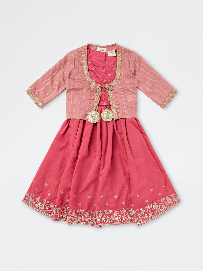 Utsa Kids Girls Pink Floral Embroidered A-Line Dress with Jacket - (8-14 yrs)