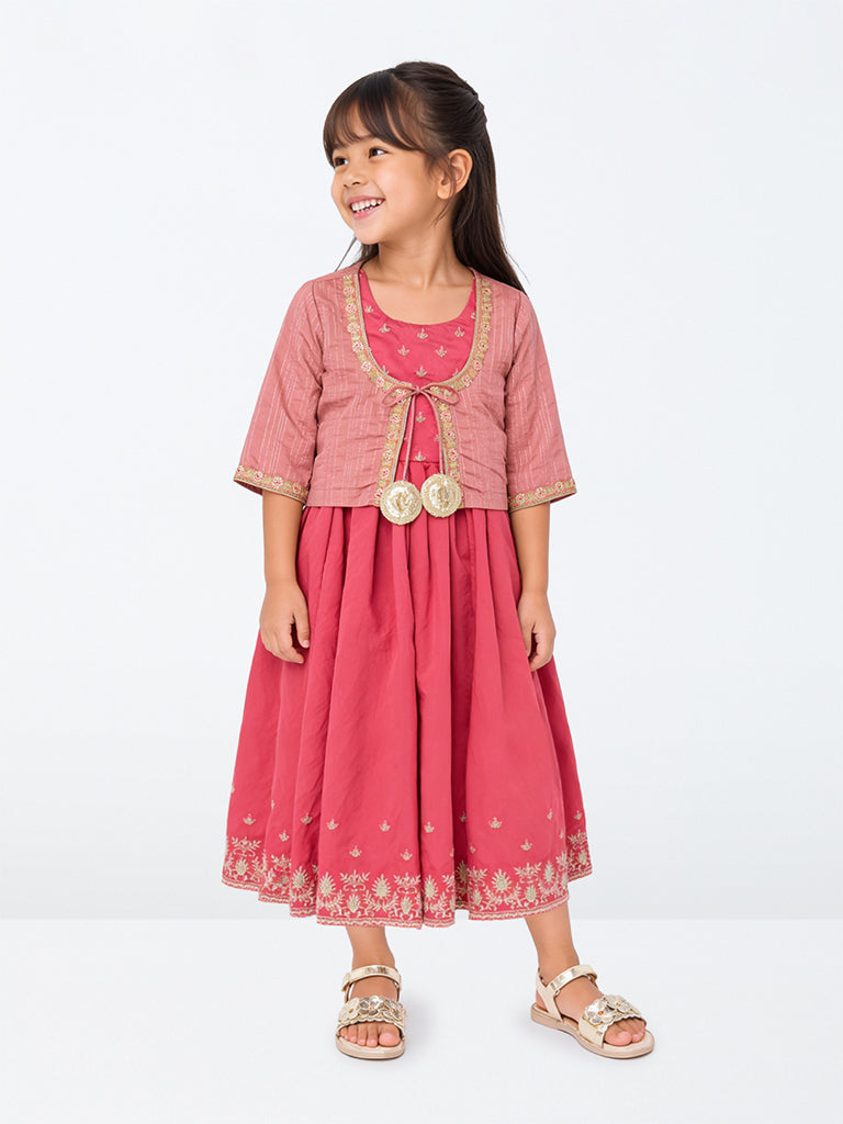 Utsa Kids Girls Pink Floral Embroidered A-Line Dress with Jacket - (2-8 yrs)