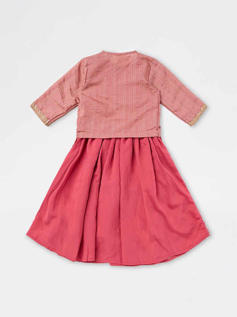 Utsa Kids Girls Pink Floral Embroidered A-Line Dress with Jacket - (2-8 yrs)