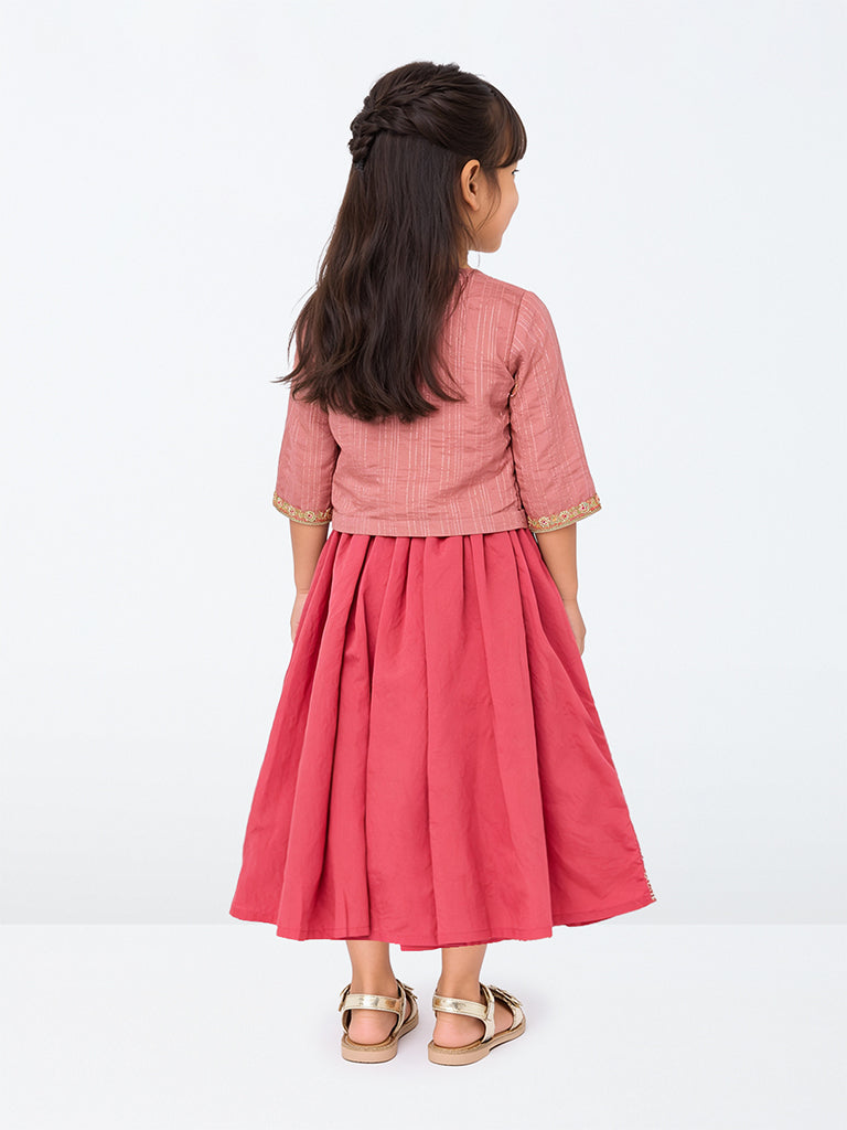 Utsa Kids Girls Pink Floral Embroidered A-Line Dress with Jacket - (2-8 yrs)
