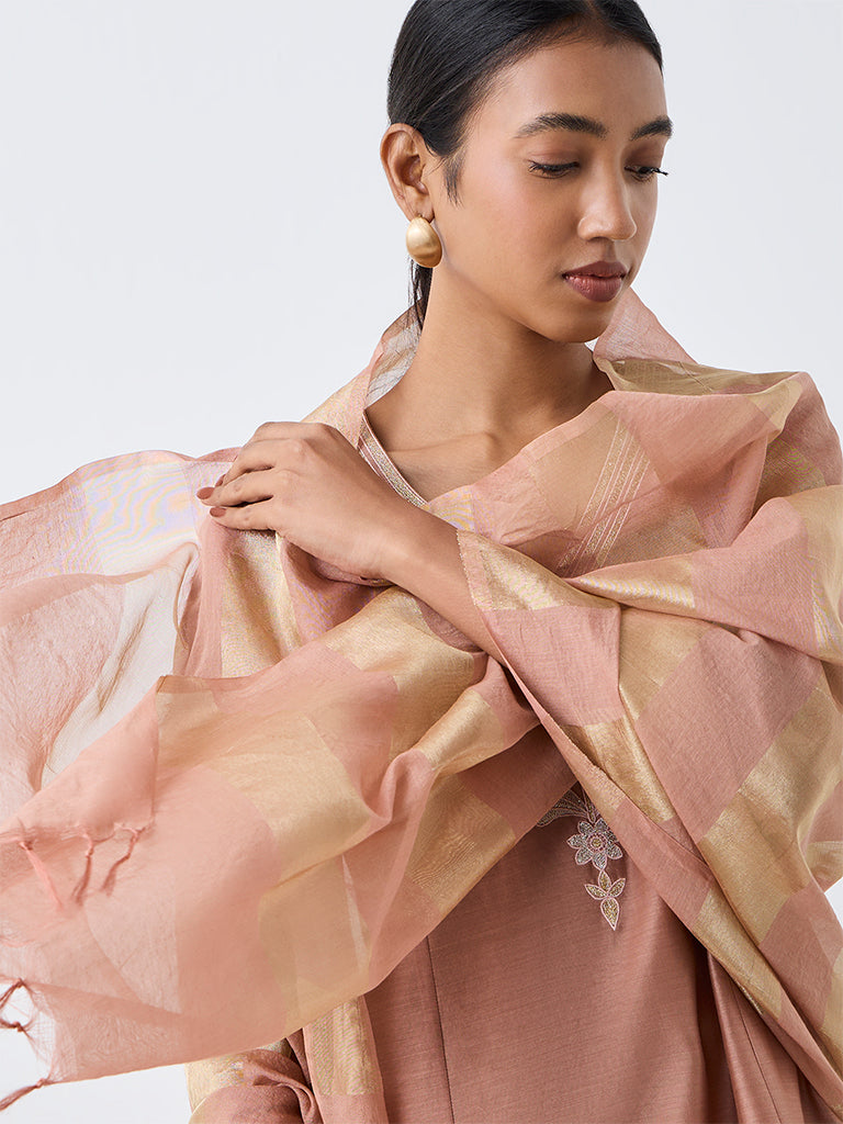 Zuba Dusty Pink Striped Cotton-Blend Dupatta