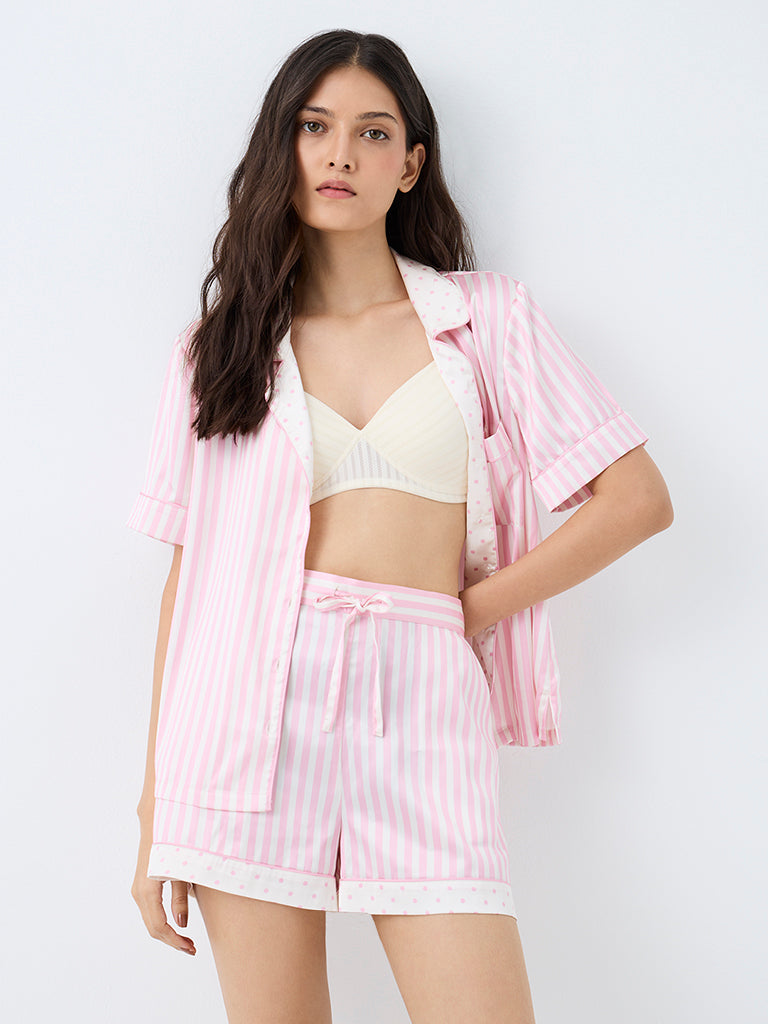 Wunderlove Pink Striped Satin Shirt and Shorts Set