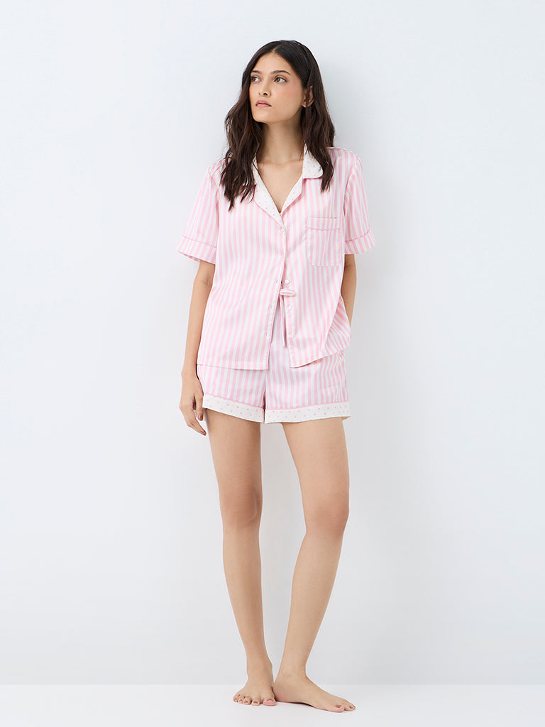 Wunderlove Pink Striped Satin Shirt and Shorts Set