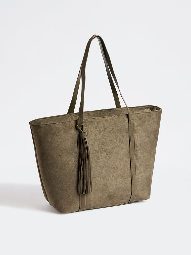 Westside Dark Olive Tassel-Detail Suede Work Tote Bag