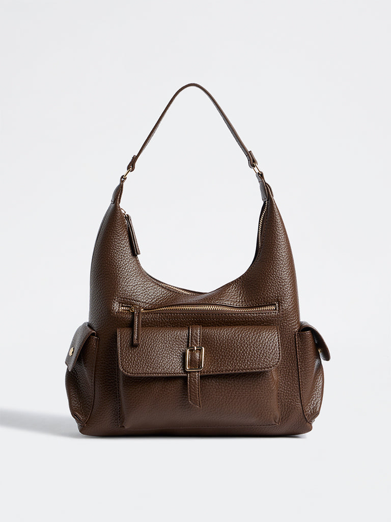 Westside Brown Textured Multi-Pocket Shoulder Bag