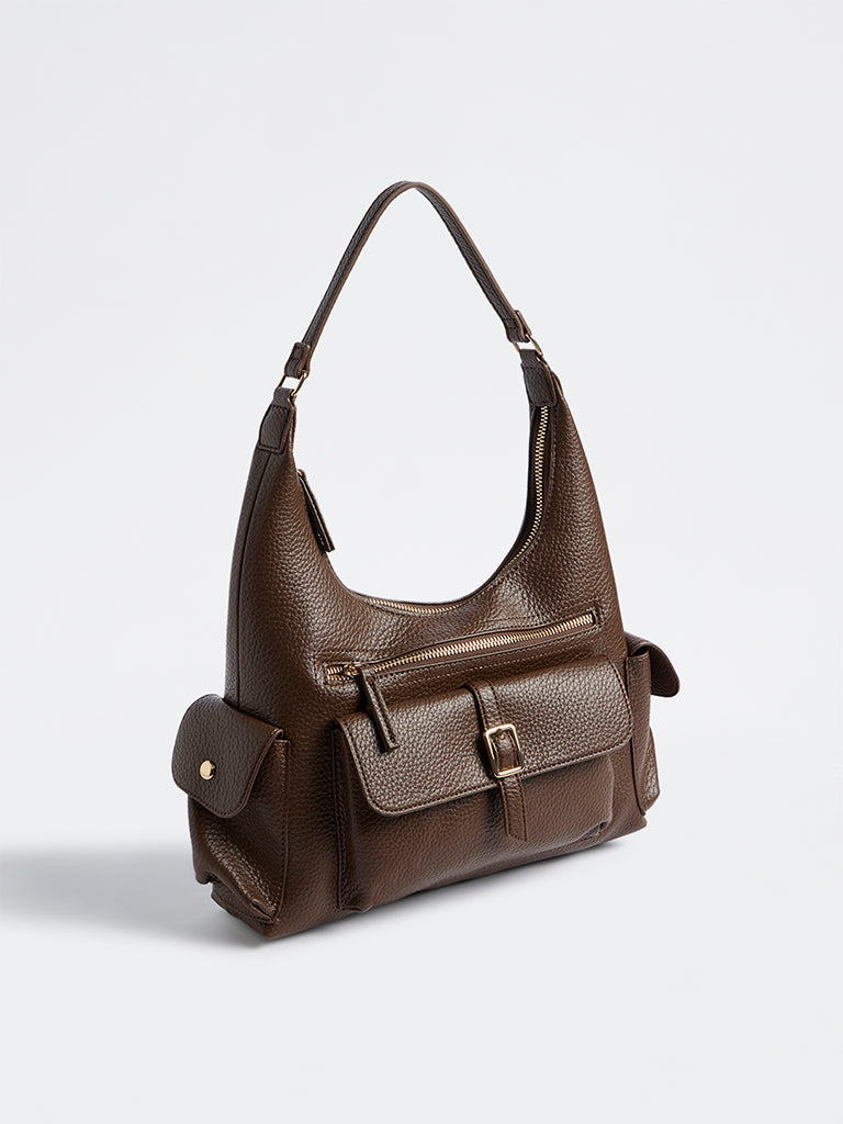 Westside Brown Textured Multi-Pocket Shoulder Bag