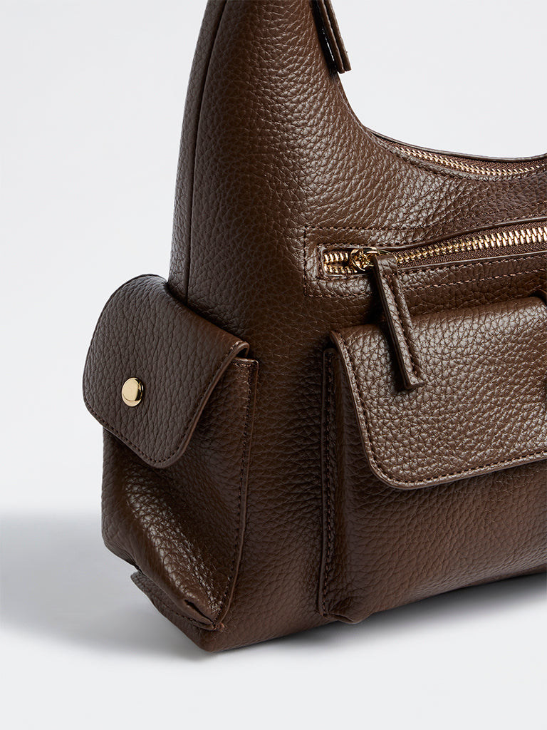 Westside Brown Textured Multi-Pocket Shoulder Bag