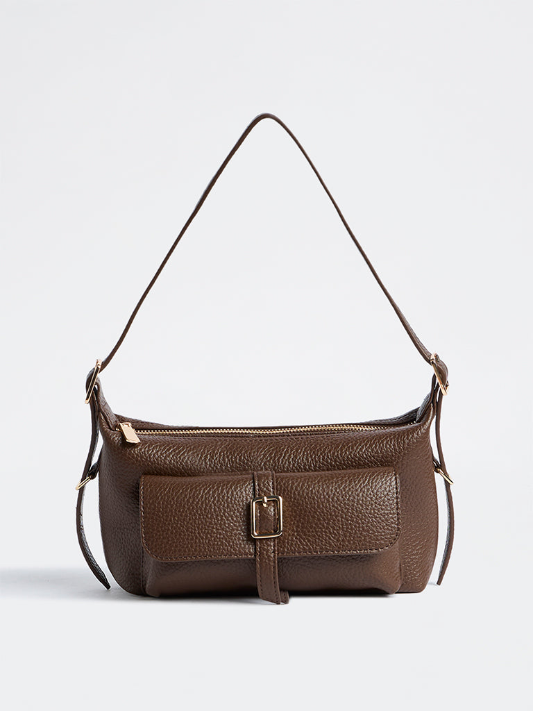 Westside Brown Textured Buckle-Detail Shoulder Bag