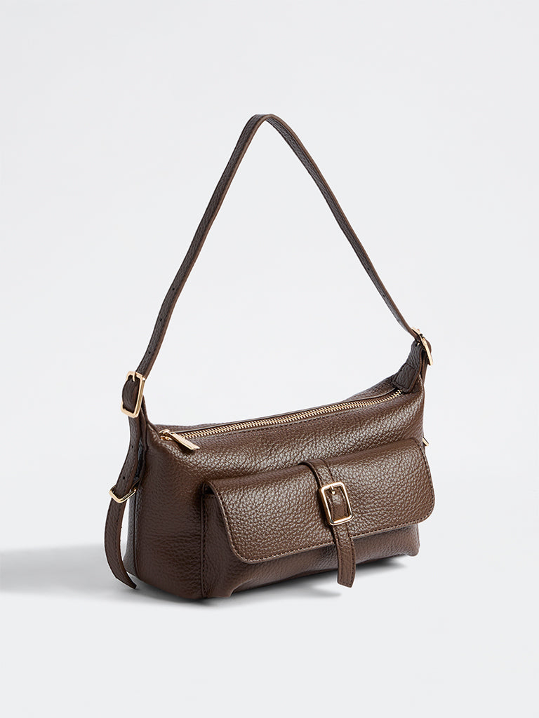 Westside Brown Textured Buckle-Detail Shoulder Bag