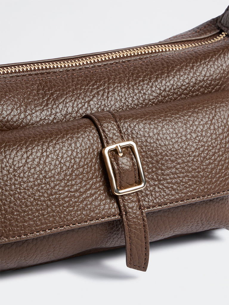 Westside Brown Textured Buckle-Detail Shoulder Bag