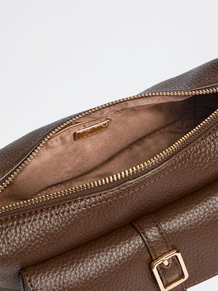 Westside Brown Textured Buckle-Detail Shoulder Bag